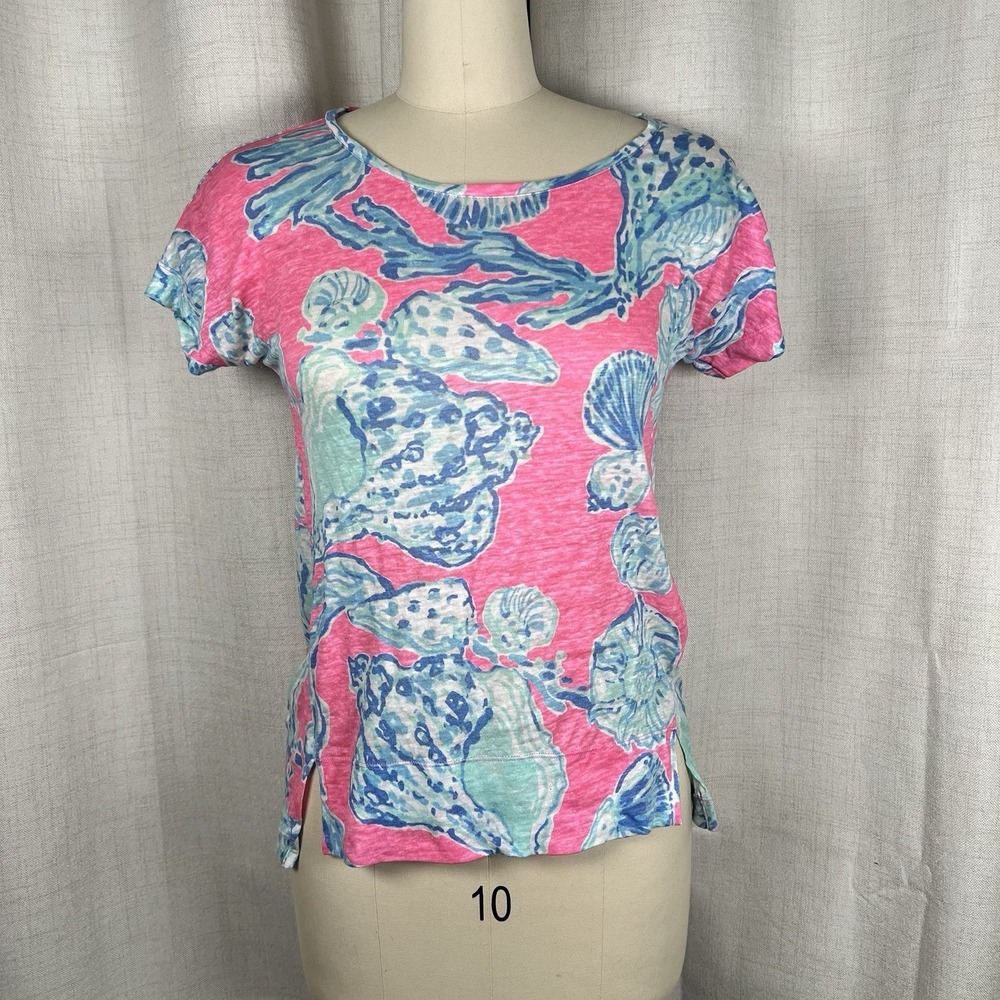 Lilly Pulitzer Mikela‎ Linen Top Pink Pout Barefoot Princess Shells XS Coastal